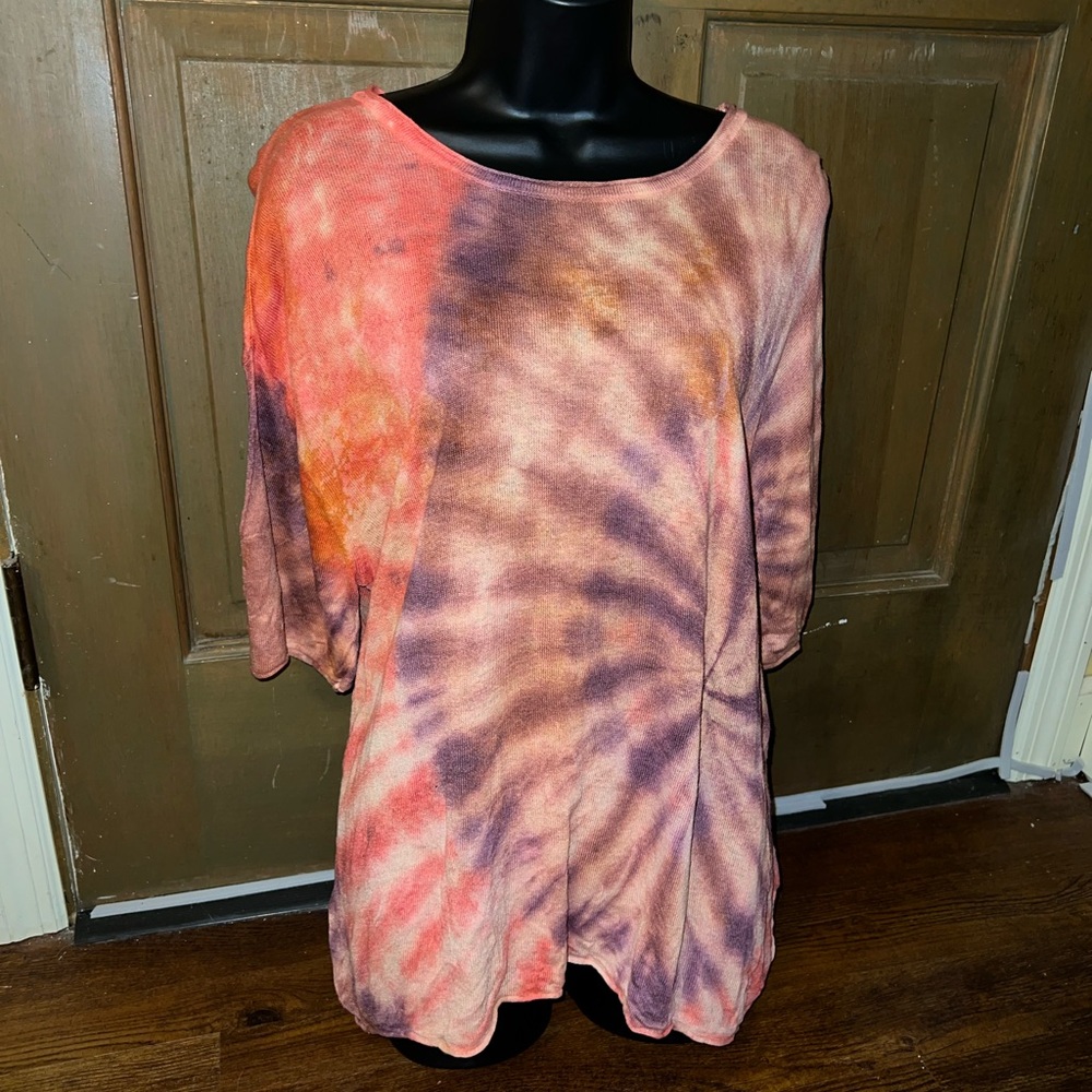 By Together Brown, Red & Purple Tie-Dye Linen Scoop Neck Short Sleeve Top Size L - Picture 4 of 13